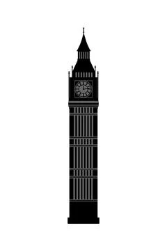 Black Big Ben Tower on a white background. British symbol. Detailed. Travel Stock Illustration