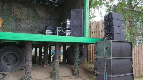 The black big speakers on the side of the stage Stock Footage 94546281