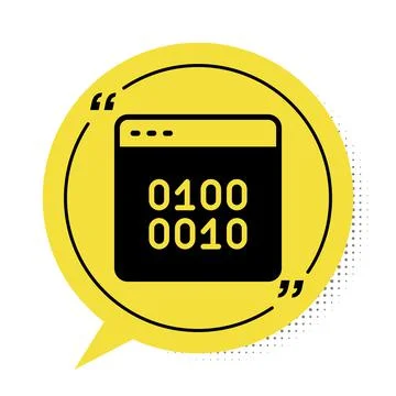 Black Binary code icon isolated on white background. Yellow speech bubble symbol Stock Illustration
