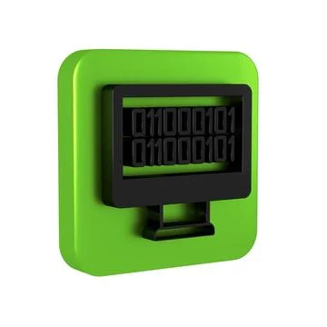 Black Binary code icon isolated on transparent background. Green square butto Stock Illustration