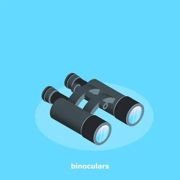 Black binoculars on a blue background, isometric image Stock Illustration