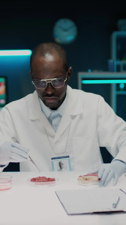 Black Biotechnologist Talking on Camera about Meat Cultivated in Laboratory Stock Footage 288803666