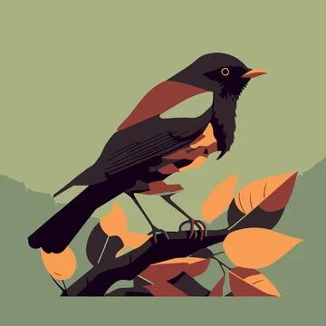 Black bird with red wings flat retro style Stock Illustration