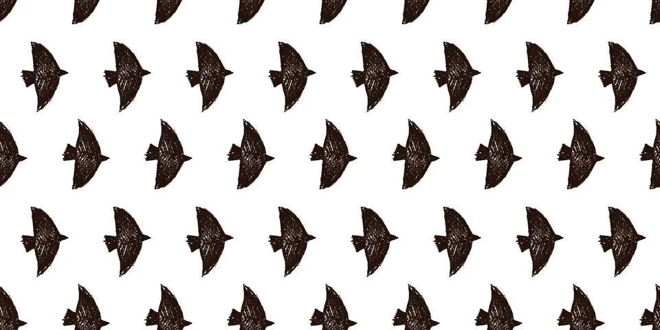 Black bird seamless pattern with charcoal crayon texture for print. Cute doodle Stock Illustration