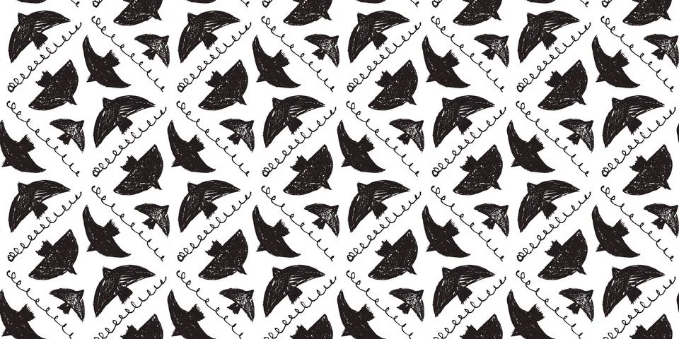 Black bird seamless pattern with charcoal silhouettes on white background. イラスト素材