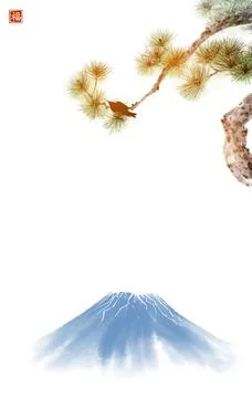 Black bird sitting on pine tree branch and Fujiyama mountain. Traditional Stock Illustration