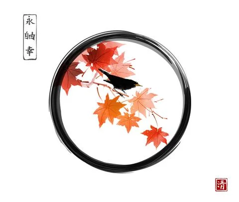 Black bird sitting on red maple tree in black enso zen circle on white Illustrazione stock