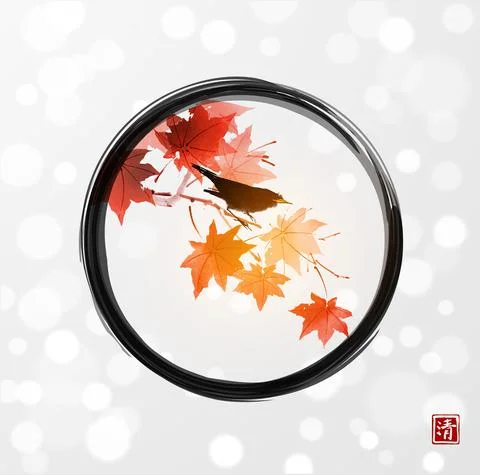 Black bird sitting on red maple tree in black enso zen circle on white Stock Illustration
