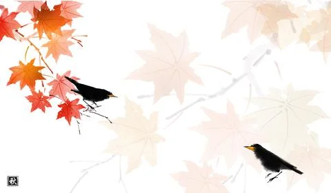 Black bird sitting on red maple tree. Traditional oriental ink painting sumi-e Illustrazione stock