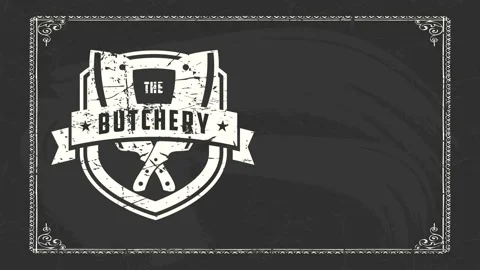 Black blackboard with white cleaver aged pigs butcher shop insignia with ribbon Stock Footage 130453396