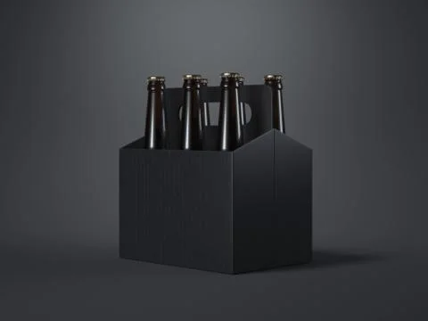 Black blank beer packaging with brown bottles. 3d rendering 库存插图