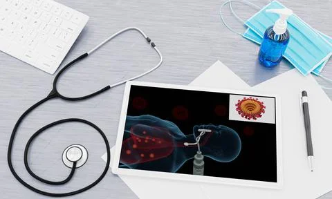 Black blank screen tablet Some on the doctor's desk. Heart headphones placed  Stock Illustration