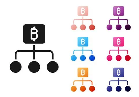 Black Blockchain technology Bitcoin icon isolated on white background. Abstract Illustrazione stock