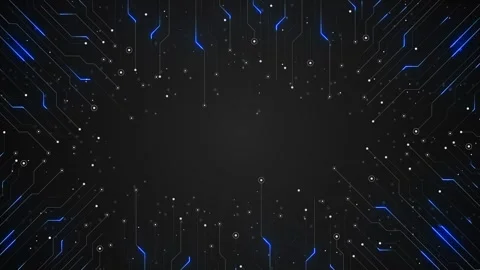 Black blue digital circuit frame visual glowing electronic lines, scattered node Stock Footage 340556533
