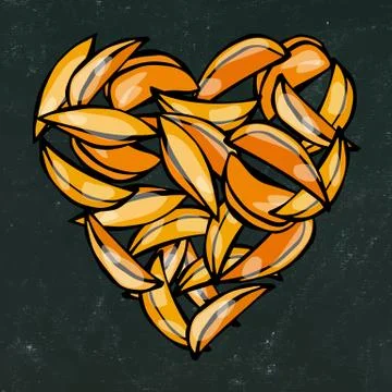 Black Board Background and Chalk. Heart of Potato Wedges Fries. Love Deliciou Stock Illustration
