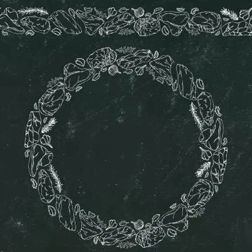 Black Board Background and Chalk. Wreath Round Frame of Popular Steak Types.S Stock Illustration