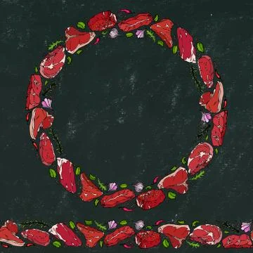 Black Board Background and Chalk. Wreath Round Frame of Popular Steak Types.S Stock Illustration