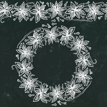 Black Board Background and Chalk. Endless Pattern Brush, Round Garland with w Stock Illustration