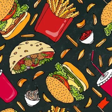 Black Board Background. Burger, Cola Cup with Straw, French Fries, Ketchup, F Stock Illustration