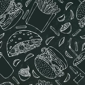 Black Board Background. Burger, Cola, French Fries, Ketchup, Falafel Pita Stock Illustration