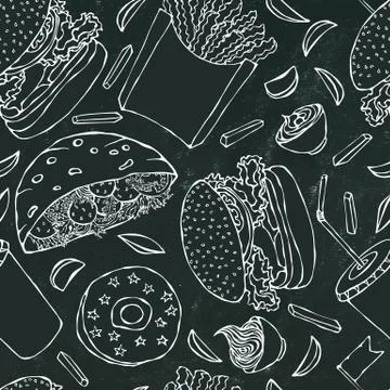 Black Board Background. Burger, Cola, French Fries, Ketchup, Falafel Pita Stock Illustration