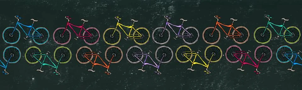Black Board Background. Endless Pattern Brush or Ribbon of Bicycles Bike Stock Illustration