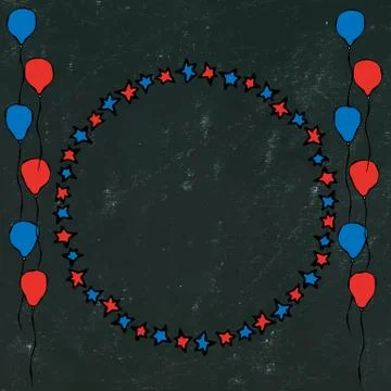 Black Board Background. Frame. Baloons, Stars, Flag. Greeting card and poster Stock Illustration