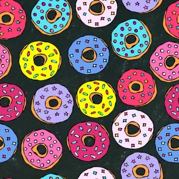Black Board Background. Glazed Donuts Seamless Background. Fast Street Food.  Stock Illustration