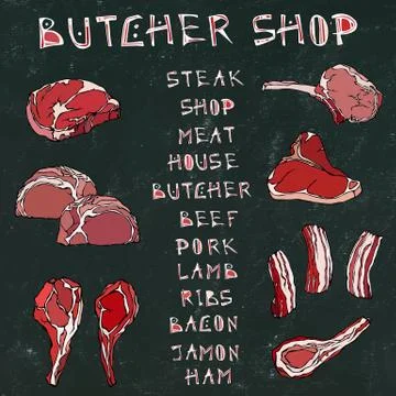 Black Board Background. Meat Set with Lettering. Steak House or Butcher Shop  Stock Illustration
