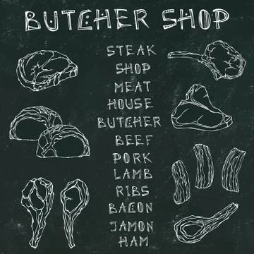 Black Board Background. Meat Set with Lettering. Steak House or Butcher Shop  Stock Illustration