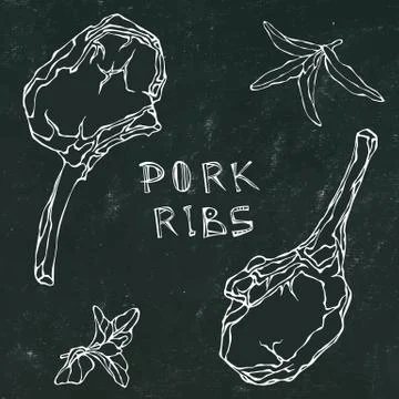 Black Board Background. Row Pork Ribs and Herbs Sage and Marjoram. Fresh Meat Stock Illustration