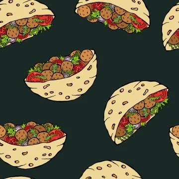 Black Board Background. Seamless Endless Pattern with Falafel Pita or Meatbal 库存插图