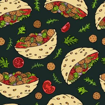 Black Board Background. Seamless Endless Pattern with Falafel Pita or Meatbal 库存插图