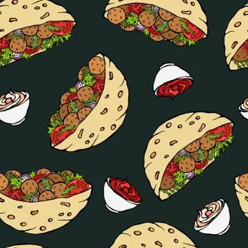 Black Board Background. Seamless Endless Pattern with Falafel Pita or Meatbal Stock Illustration