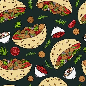 Black Board Background. Seamless Endless Pattern with Falafel Pita or Meatbal 库存插图