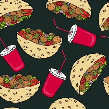 Black Board Background. Seamless Endless Pattern with Falafel Pita or Meatbal 库存插图