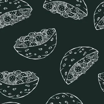 Black Board Background. Seamless Endless Pattern with Falafel Pita or Meatball Stock Illustration