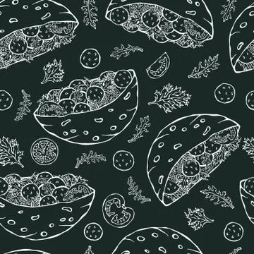 Black Board Background. Seamless Endless Pattern with Falafel Pita or Meatball 库存插图
