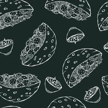 Black Board Background. Seamless Endless Pattern with Falafel Pita or Meatball Stock Illustration
