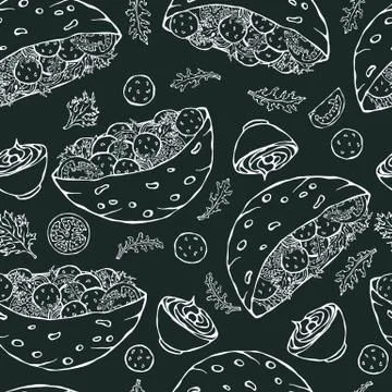 Black Board Background. Seamless Endless Pattern with Falafel Pita or Meatball 库存插图