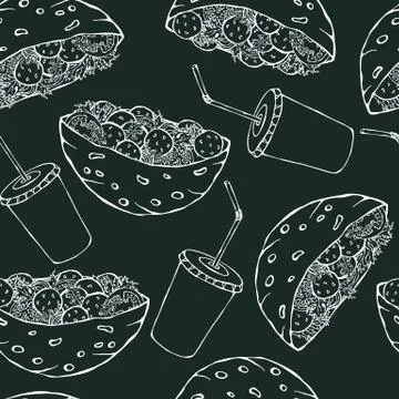 Black Board Background. Seamless Endless Pattern with Falafel Pita or Meatball 库存插图