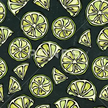Black Board Background. Seamless Endless Pattern of Citrus Lime. Hand Drawn I Stock Illustration