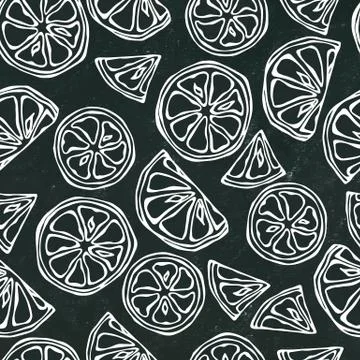 Black Board Background. Seamless Endless Pattern of Citrus Lime. Hand Drawn I Stock Illustration
