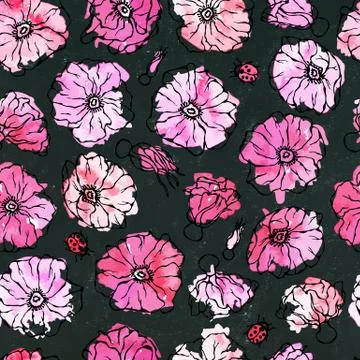 Black Board Background. Seamless Pattern Watercolor Wild Rose Pink Flower. Dog Illustrazione stock