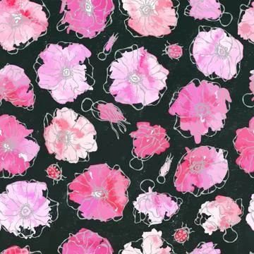 Black Board Background. Seamless Pattern Watercolor Wild Rose Pink Flower. Dog 스톡 일러스트
