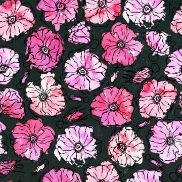 Black Board Background. Seamless Pattern Watercolor Wild Rose Pink Flower. Dog 스톡 일러스트