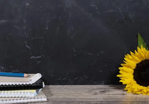 Black board background with stack of colourful notebooks Foto stock