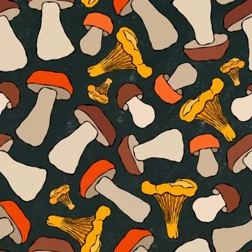 Black Board. Chanterelle, Boletus or Porcini and Aspen Mushroom Seamless Endl Stock Illustration