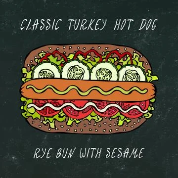 Black Board. Classic Turkey Hot Dog on a Sesame Bun with Lettuce Salad, Tomat Stock Illustration