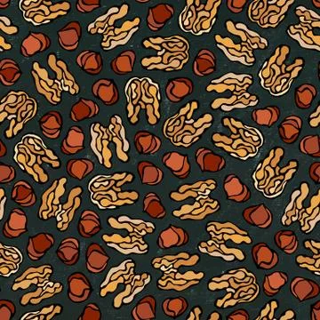 Black Board. Hazelnut and Walnut Seamless Endless Pattern. Whole Peeled Hazelnut Illustrazione stock